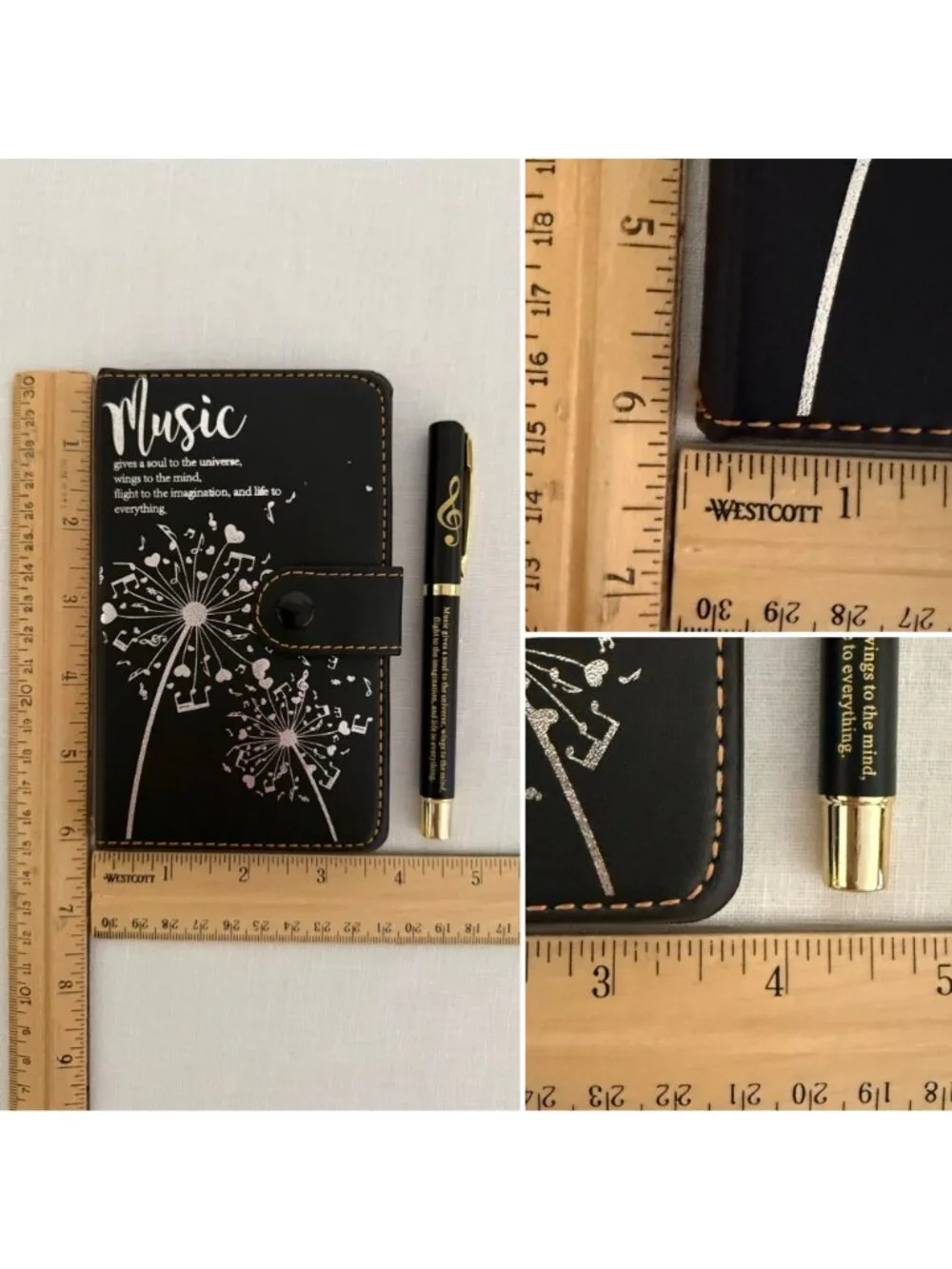Music Journal Notebook Pen Set Black Faux Leather Music Notes Musician Gift